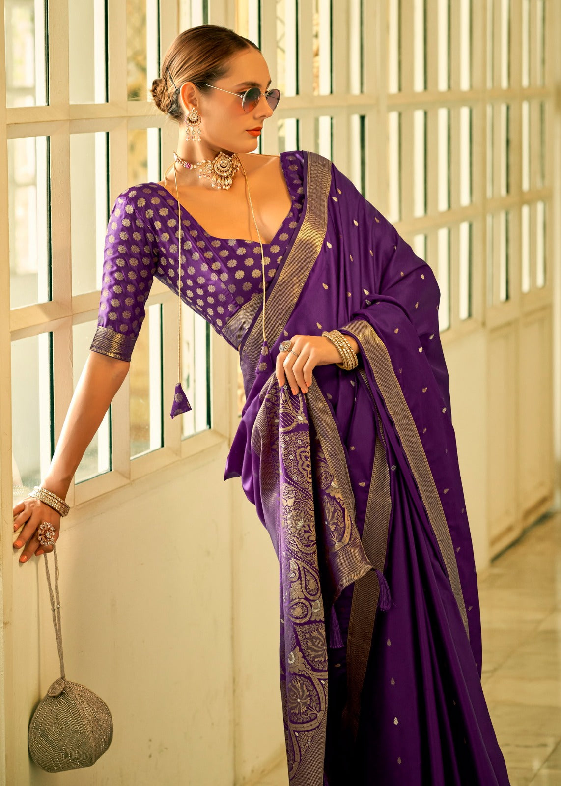 Purple Satin Saree Blouse
