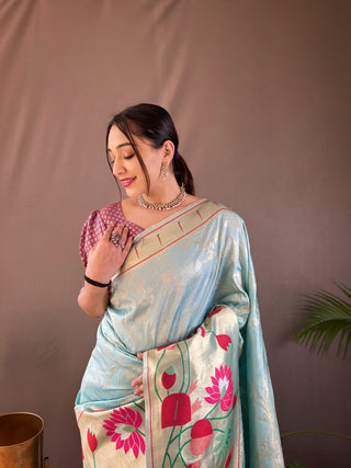 Paithani silk zari weaving sky saree images