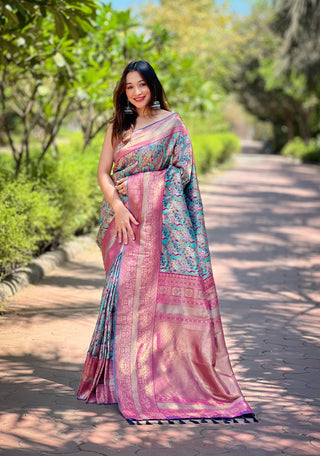 Rama color Banarasi silk saree for women