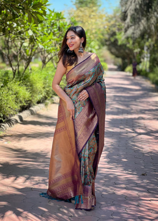 Mehendi color tissue banarasi silk saree for women images