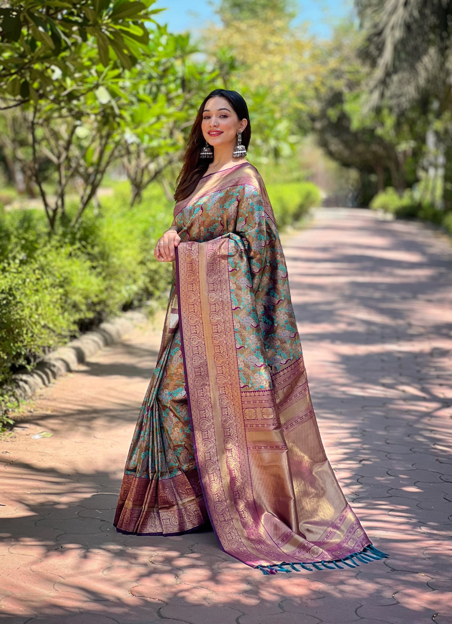 Wedding wear Mehendi color tissue banarasi silk saree with blouse