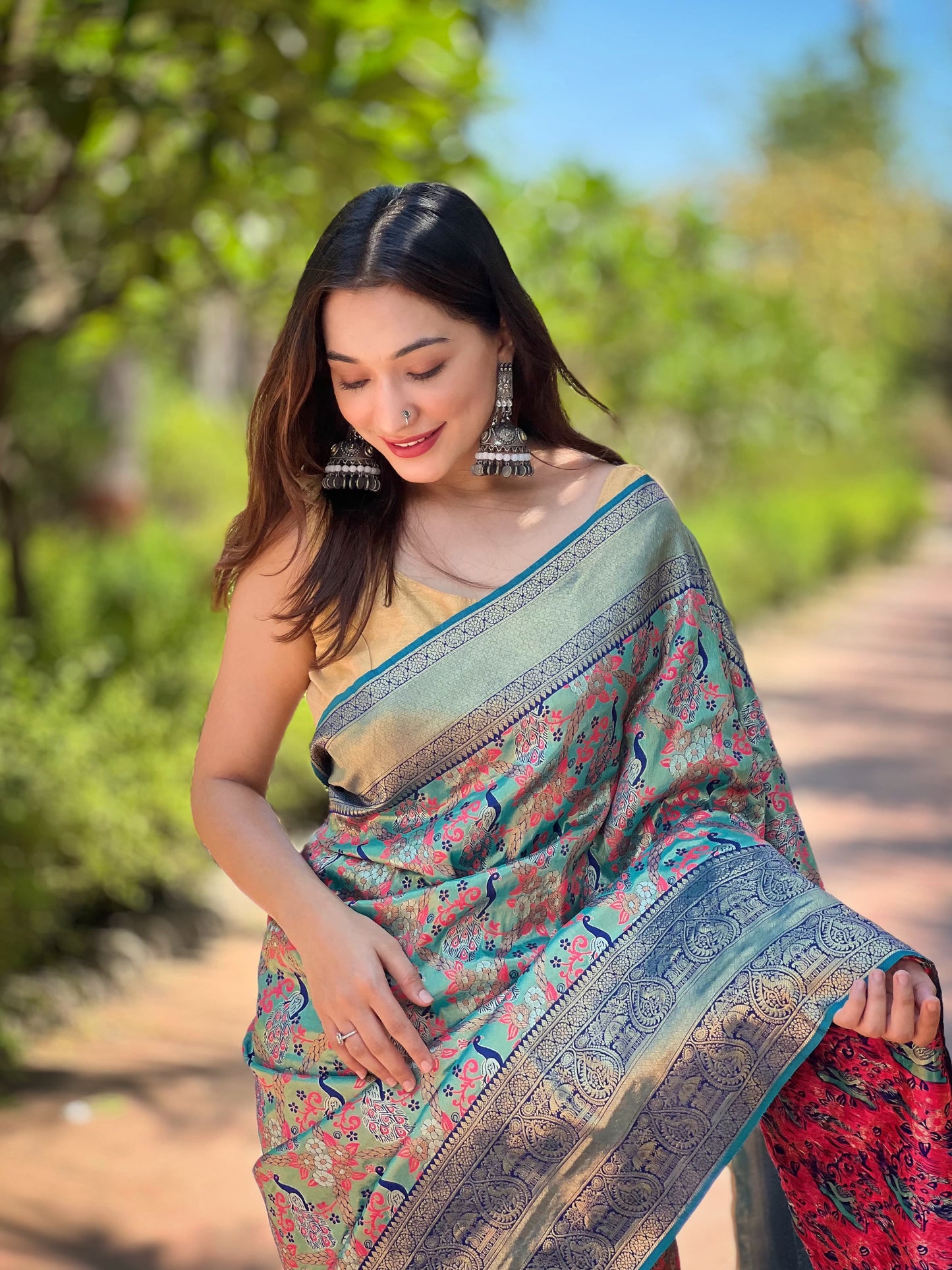 Tissue banarasi silk Rama color saree for women online