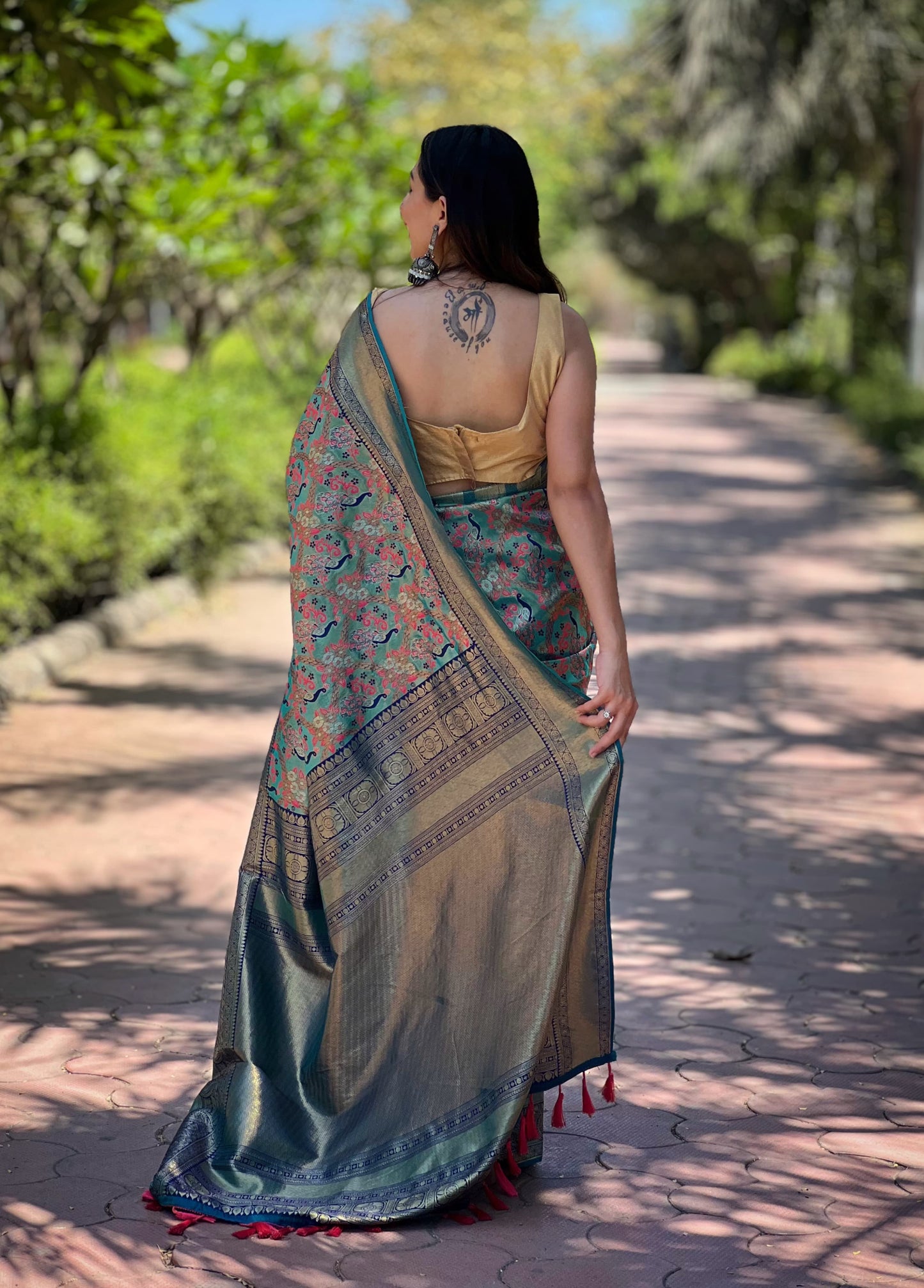 Rama color zari weaving saree for party wear