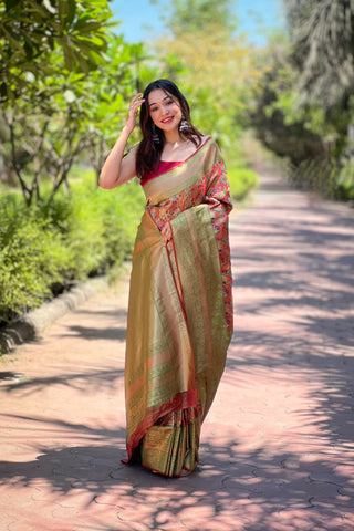 Rust color tissue banarasi silk saree with blouse