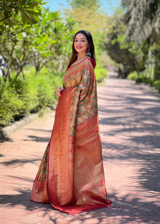 Green color tissue banarasi silk saree with blouse images