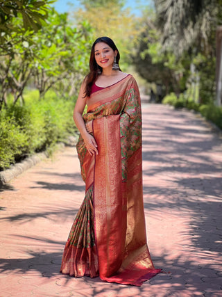 Green color tissue banarasi silk saree with blouse