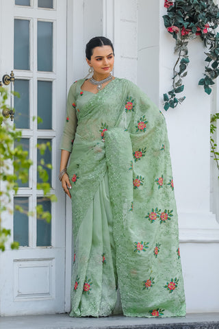 Pista shiny zari chiffon saree for women online
