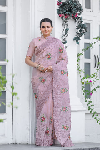 Online shiny zari chiffon saree for women with price
