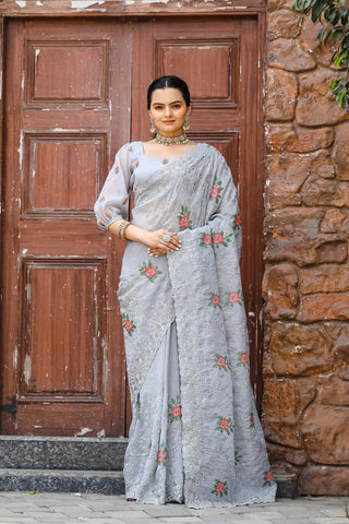 Grey shiny zari chiffon saree for women with price
