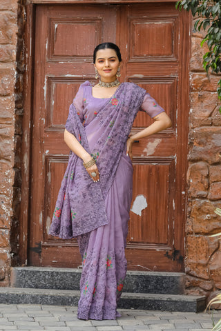 Purple shiny zari chiffon saree online shopping
