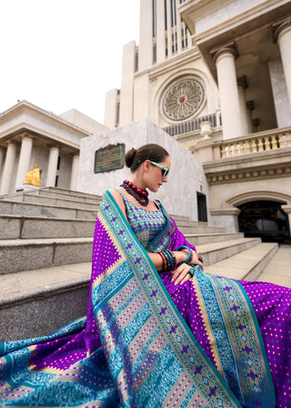 Purple banarasi saree look with price
