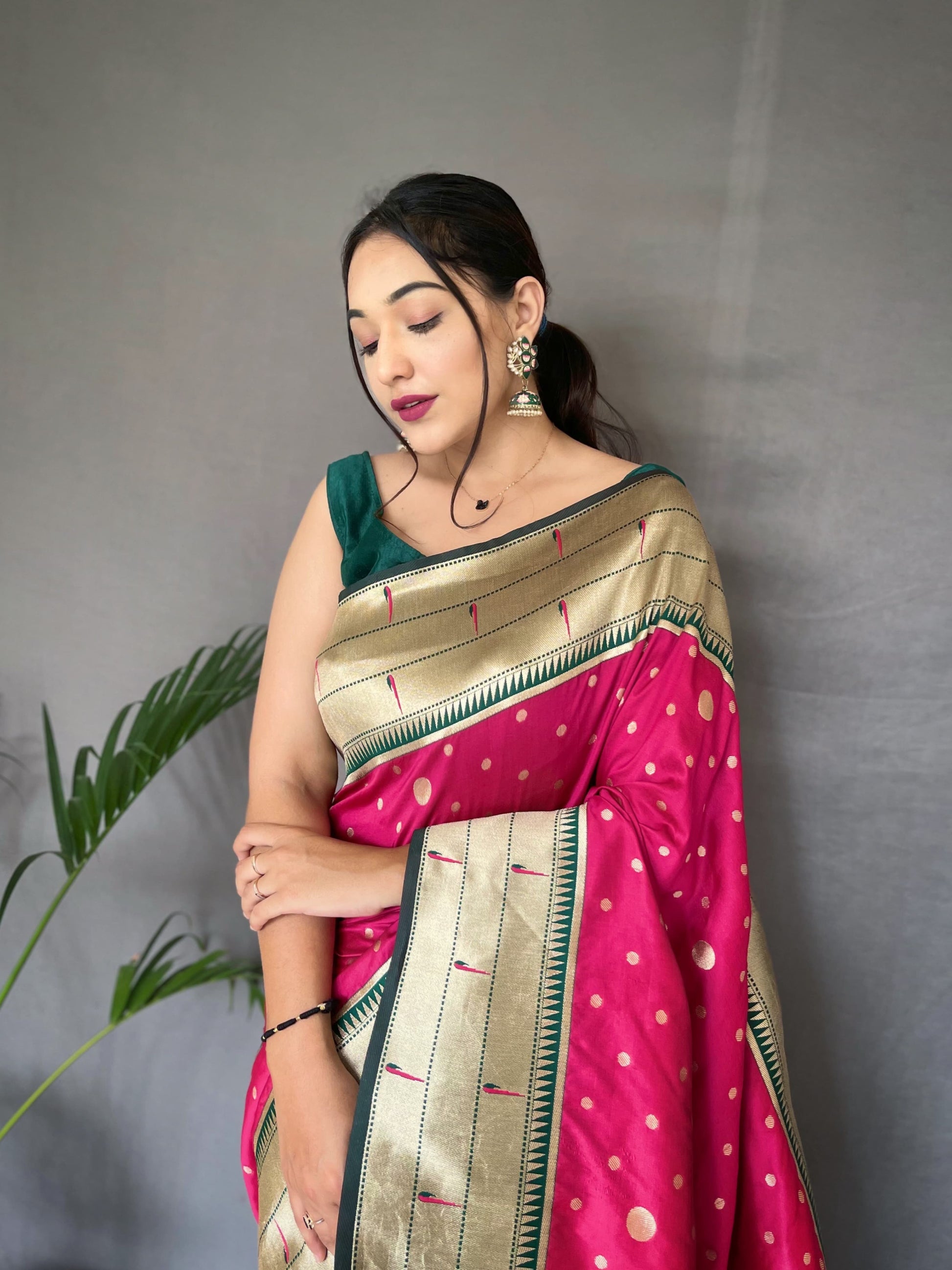 Pink Paithani Saree with Green border images
