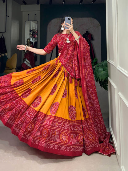 Mustard bandhej print lehenga choli online
