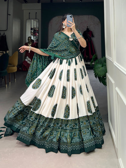 Green bandhej print lehenga choli simple
