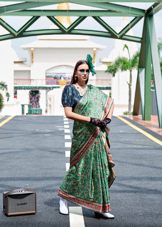 Dark green satin silk saree for women
