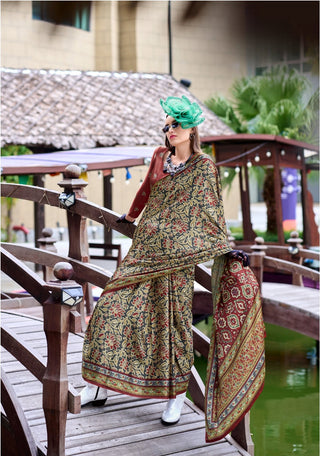 Dark green color satin silk saree for women
