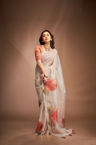 Grey tissue printed saree for women with price
