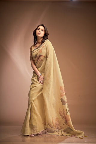 Beige color party wear tissue saree with dupatta