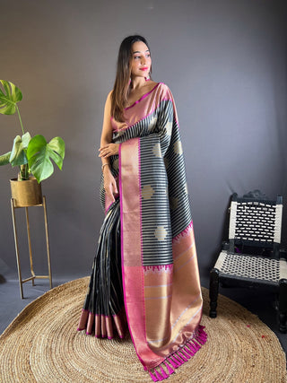 Black color zari weaving saree images