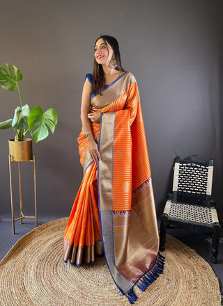 Orange color banarasi silk saree for women