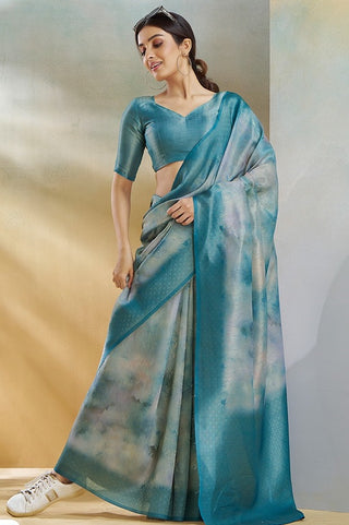 Teal green color handloom silk saree for women