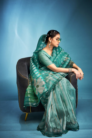 Rama color tissue saree for women online shopping
