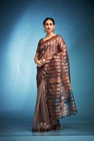 Dark brown color tissue silk saree for women
