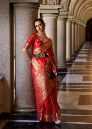 traditional red zari weaving saree