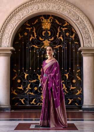 purple banarasi silk saree for women