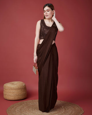 brown ready-made pleated saree online