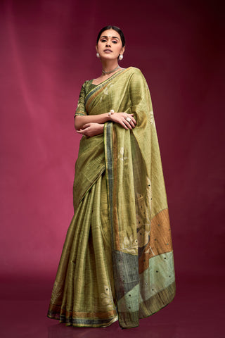 Mehendi color tussar silk saree for women online
