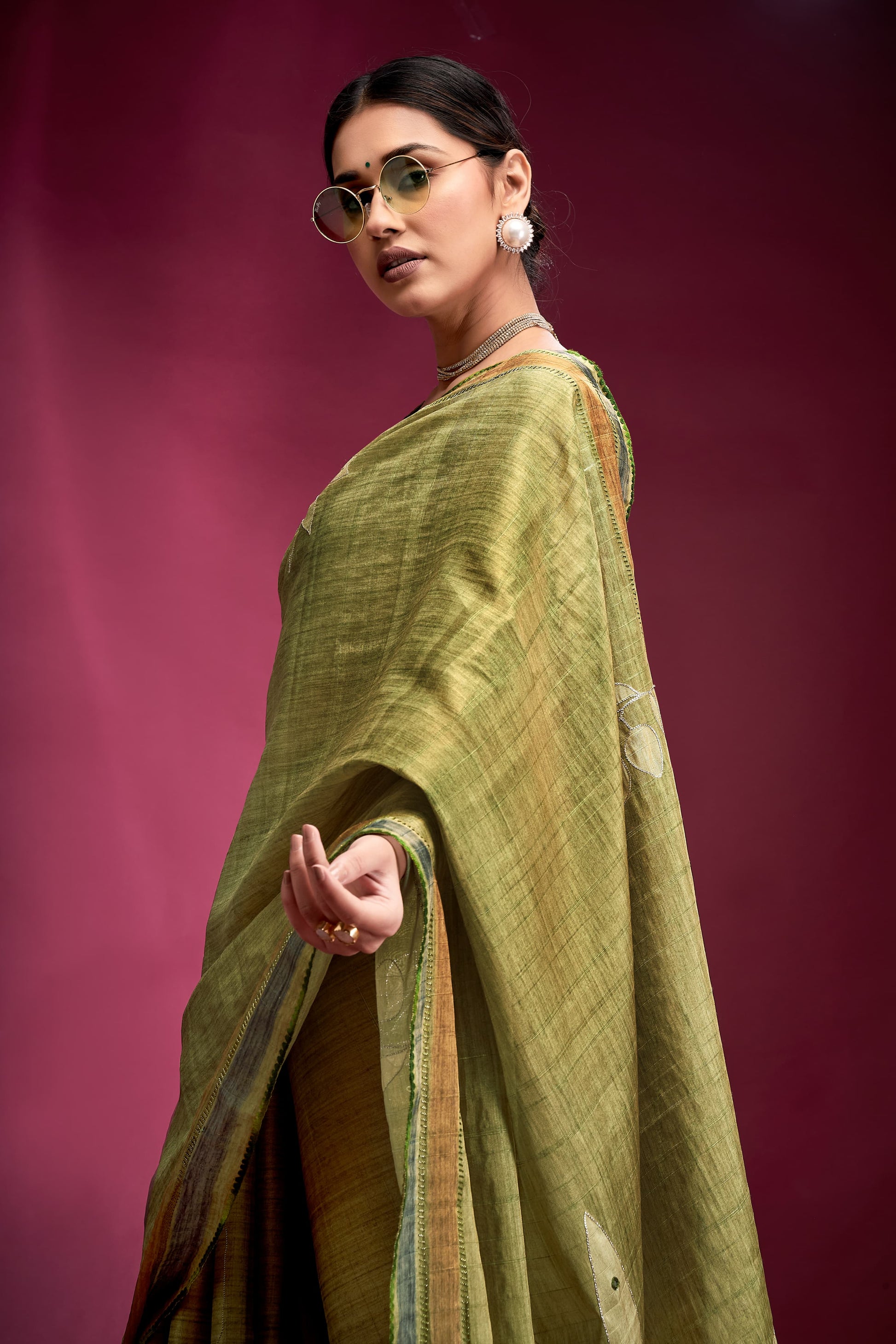 Mehendi color Tussar silk woven work saree with blouse online price