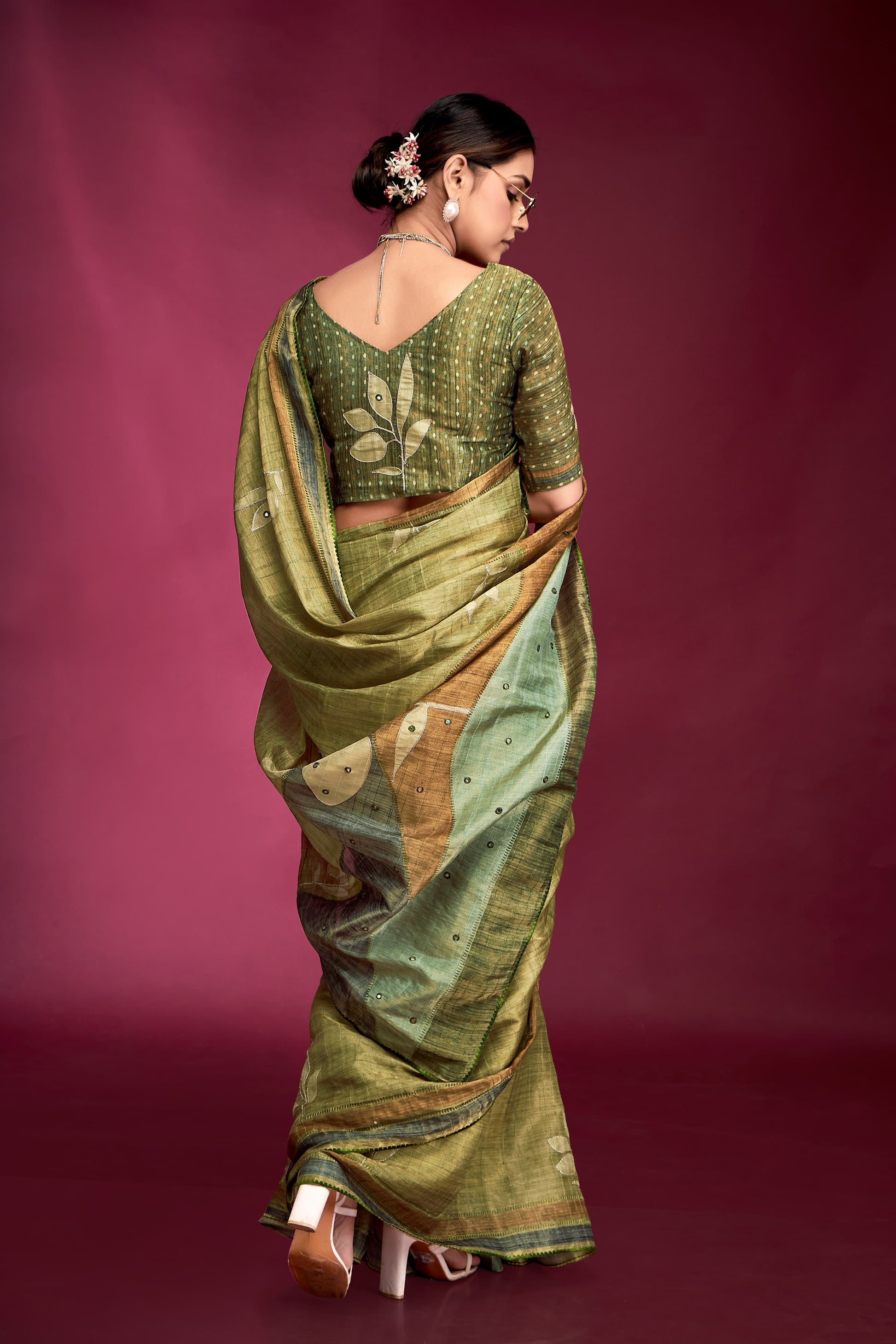 Simple mehendi color tussar silk saree for women
