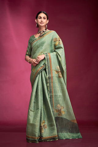 Green color tussar silk saree for women price
