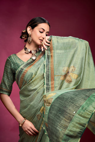 Green color tussar silk saree with blouse online