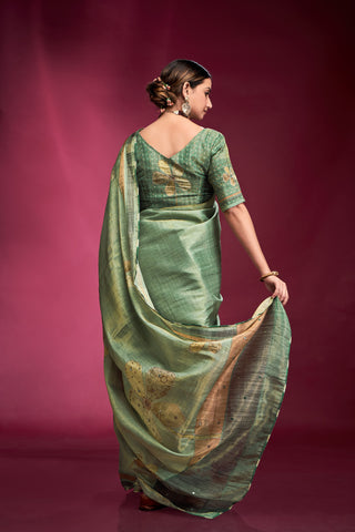 Dark green color tussar silk saree for women
