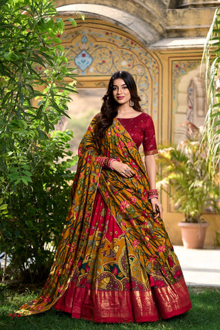 Red tussar silk lehenga choli for women with price
