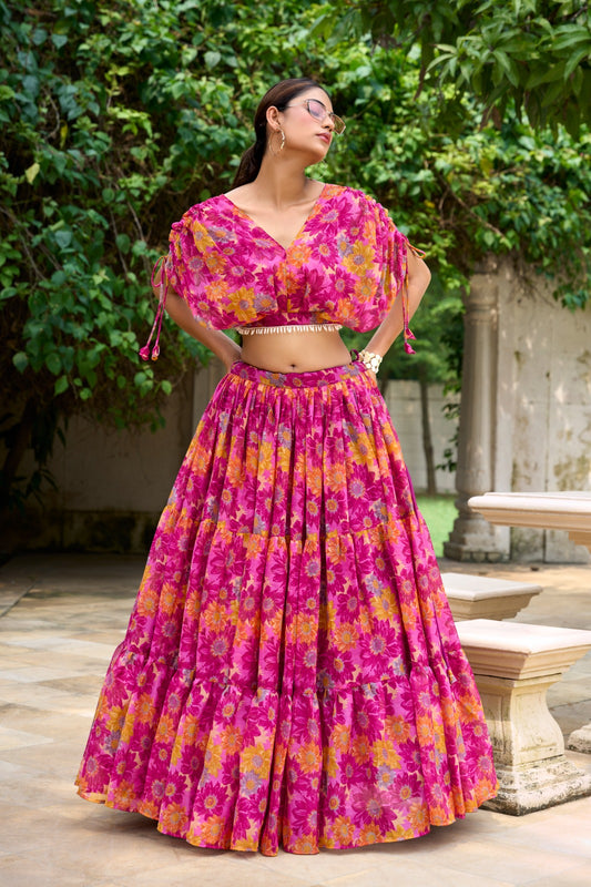 Dark pink color chiffon lehenga choli for women
