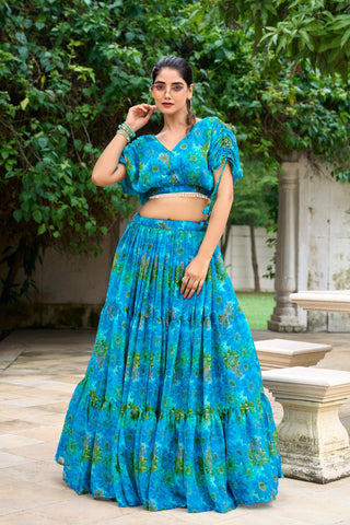 Sky blue floral printed lehenga choli for women