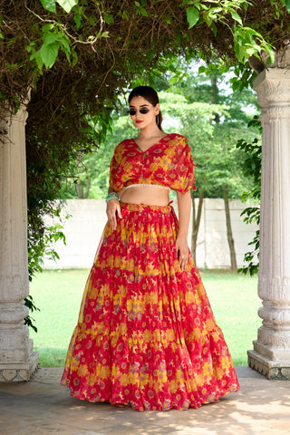 Red color chiffon lehenga choli for women with price
