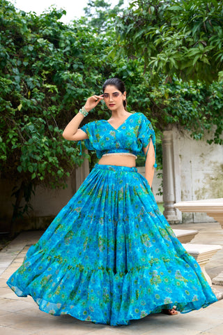 Sky blue chiffon lehenga choli for party wear