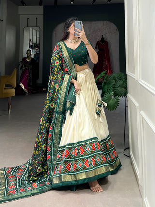 Green tussar silk printed lehenga choli for women online
