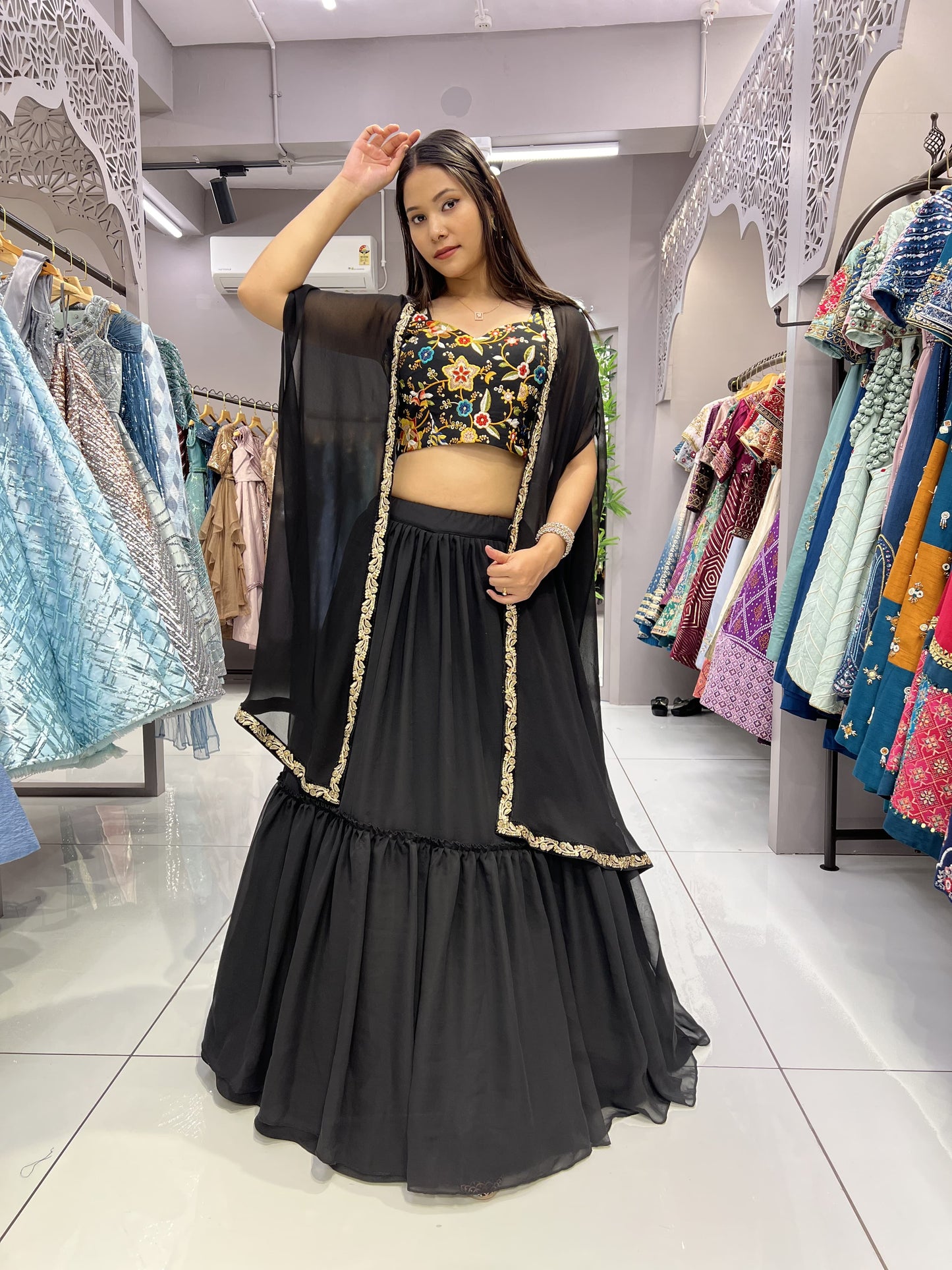 Black Georgette Lehenga Choli with Shrug Price
