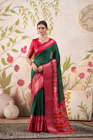 Green color tussar chex saree with blouse