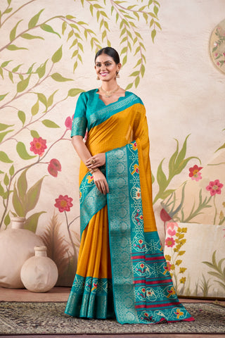 Mustard color tussar chex saree with blouse price