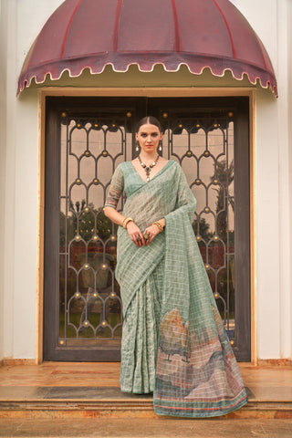 Pure green tissue silk printed saree for women
