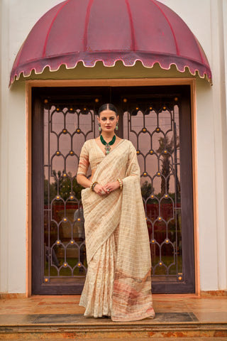 Beige color tissue silk printed saree for women price
