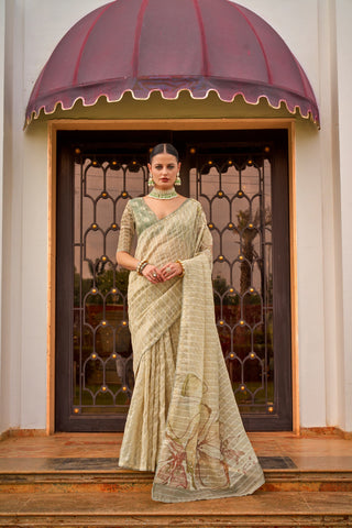 Beige tissue silk printed saree for women price
