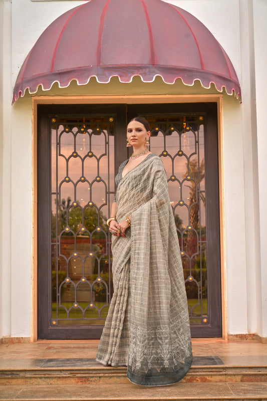 Dark grey color tissue silk printed saree for women
