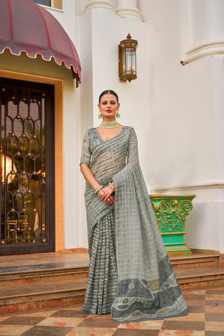 Grey color tissue silk printed saree for women with price
